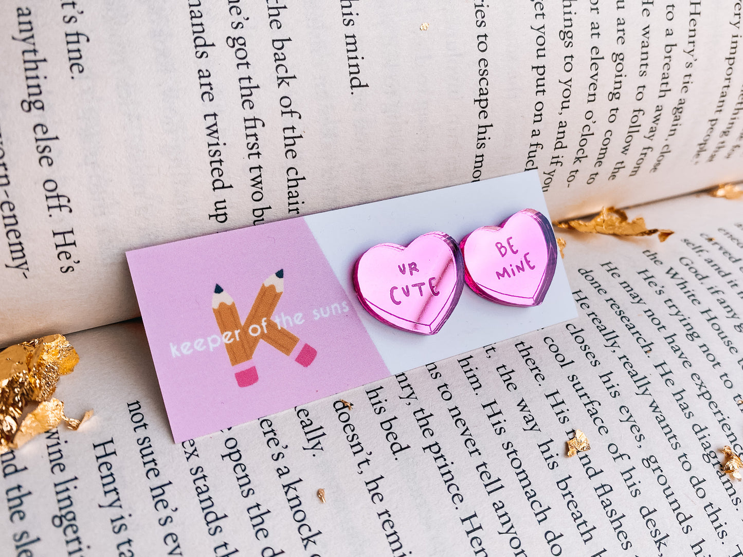 Candy Heart Studs | Hand-lettered Mirror Acrylic Earrings